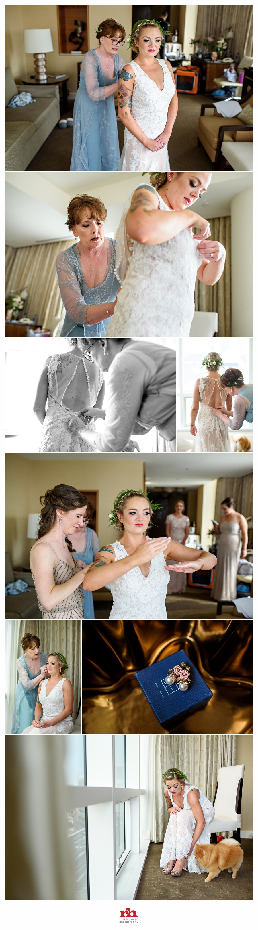 A bride puts on her wedding dress with the help of her mother at the four seasons hotel in Baltimore, MD.